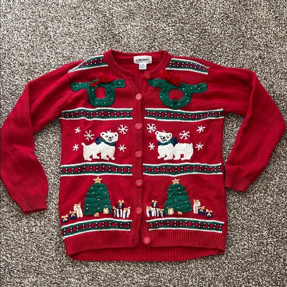 Vintage Red Holiday Christmas Tree Polar Bear Knit Cardigan Sweater Medium - Picture 5 of 11